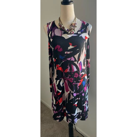 Dana Buchman Women’s Abstract Colorful Cold Shoulder Long Sleeve MIDI Dress - Picture 1 of 10